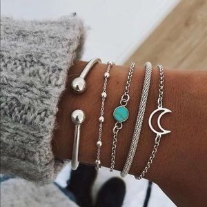 Southwestern Nights Half-Moon & Turquoise pendant silver 4 piece bracelets set
